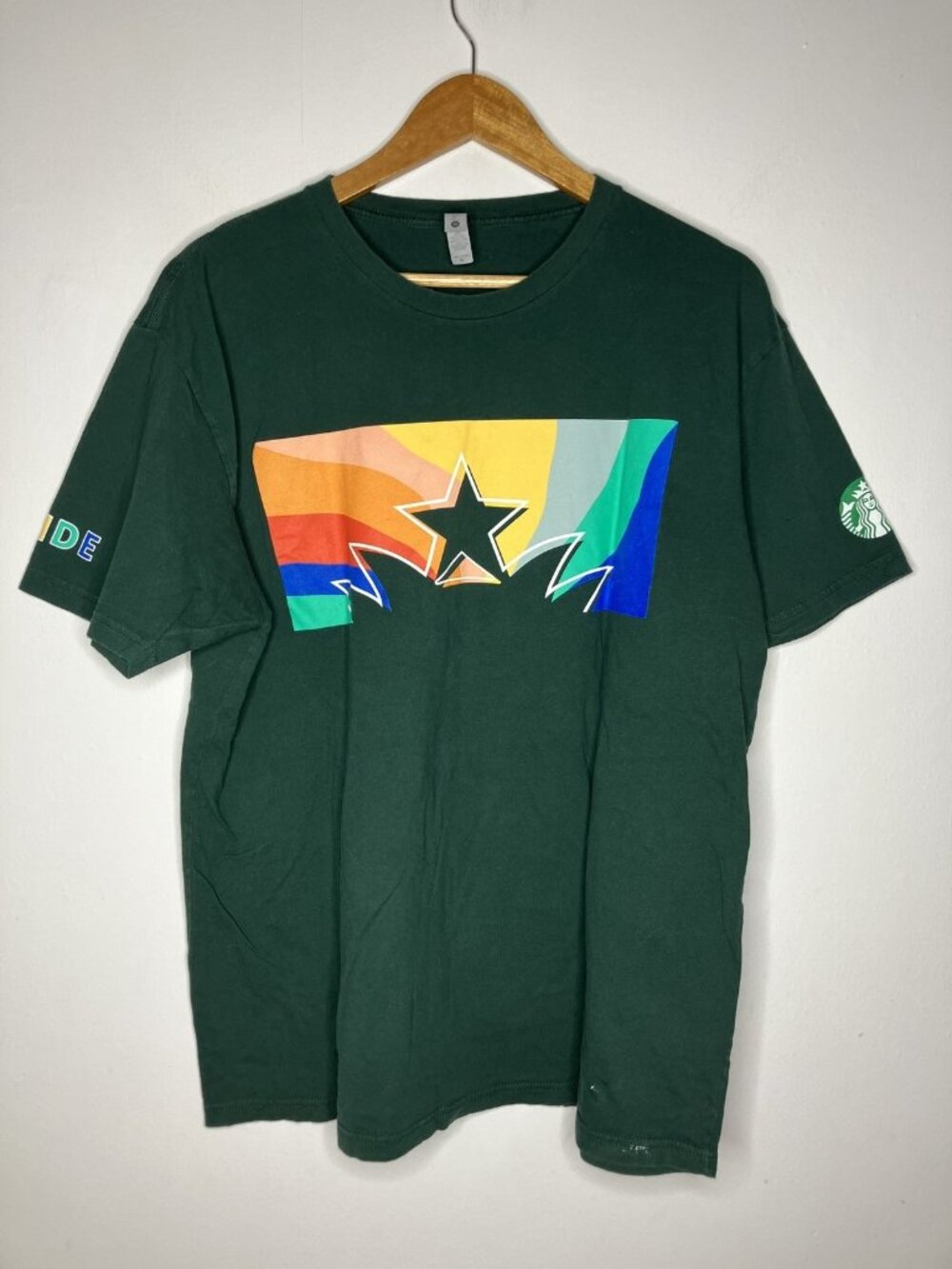 Starbucks Pride T-Shirt Men's XL Green Rainbow Star Logo FLAWED READ
